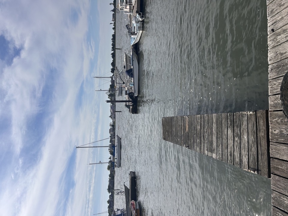 Clinton harbor from Lobster Landing, moorings out toward the far shore.